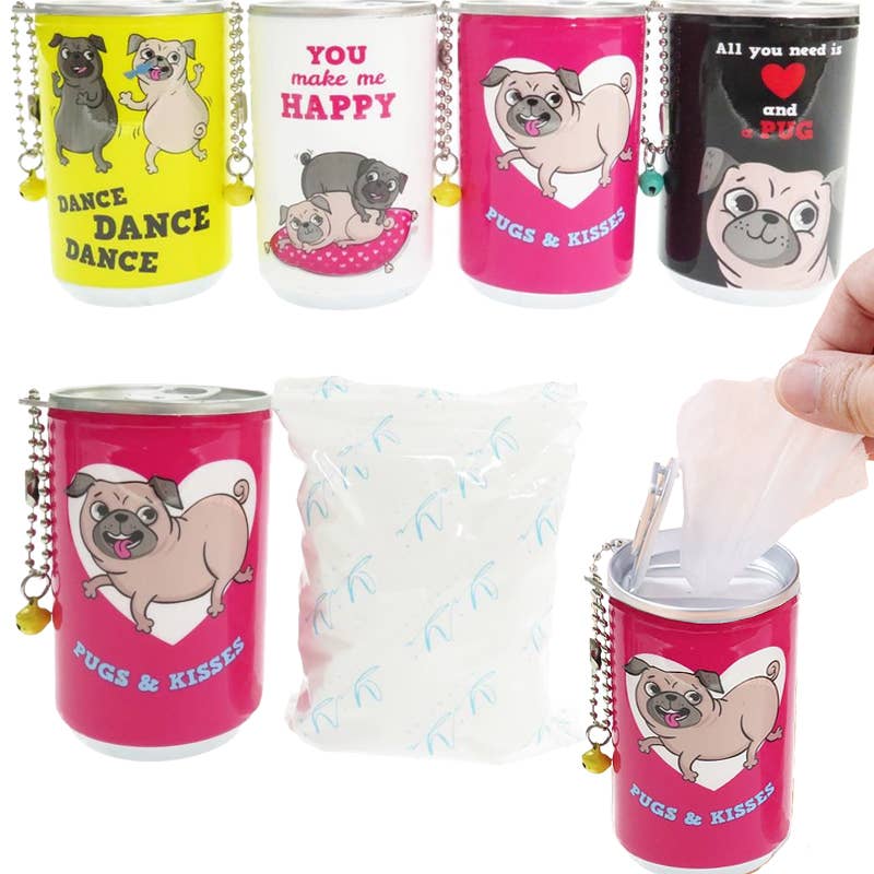 Mini llavero de toallitas húmedas con lata de refresco de Pug
