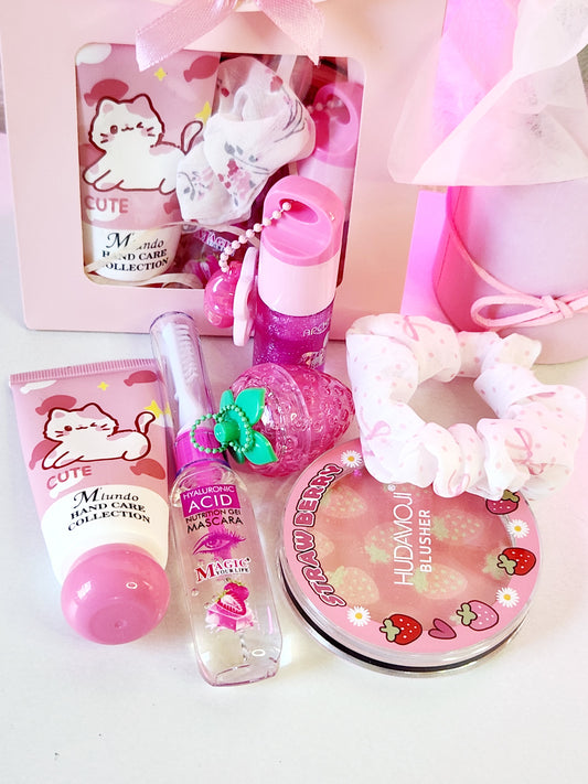 Bolsa de regalo de maquillaje con un bonito diseño de lazo rosa, cuidado de manos, labios y colección de maquillaje.